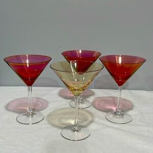 Martini glasses pink and yellow multicolor set of 4 shiny iridescent clear stem